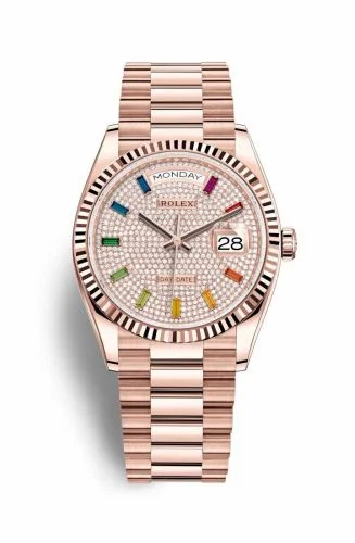 Rolex Day-Date 36 Everose Gold / Fluted / Paved-Rainbow / President 128235-0039 (M128235-0039)